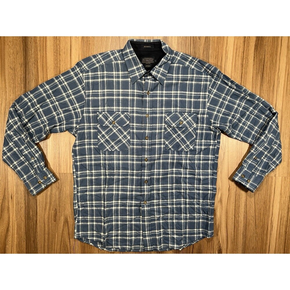 Pendleton Wool Maverick Shirt Men L Blue Plaid Flannel Button